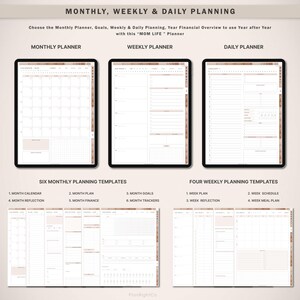Op de afbeelding: Digitale planner met maandelijkse, wekelijkse en dagelijkse planning templates. Bevat secties voor maandkalenders, doelen en financi&euml;le overzichten. Beschikt over zes maandelijkse en vier wekelijkse planning templates. De tekst luidt "MOM LIFE Planner."