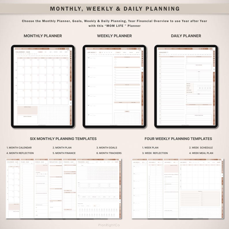 Op de afbeelding: Digitale planner met maandelijkse, wekelijkse en dagelijkse planning templates. Bevat secties voor maandkalenders, doelen en financi&euml;le overzichten. Beschikt over zes maandelijkse en vier wekelijkse planning templates. De tekst luidt "MOM LIFE Planner."