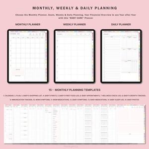 May include: A digital planner for baby care with 15 monthly planning templates. The templates include a calendar, baby shopping list, baby's firsts, baby's first food log, baby appointments, wellness check log, baby's growth tracker, immunization tracker, mom symptoms, mom medications, baby symptoms, baby medications, baby sleep log, and baby photos.