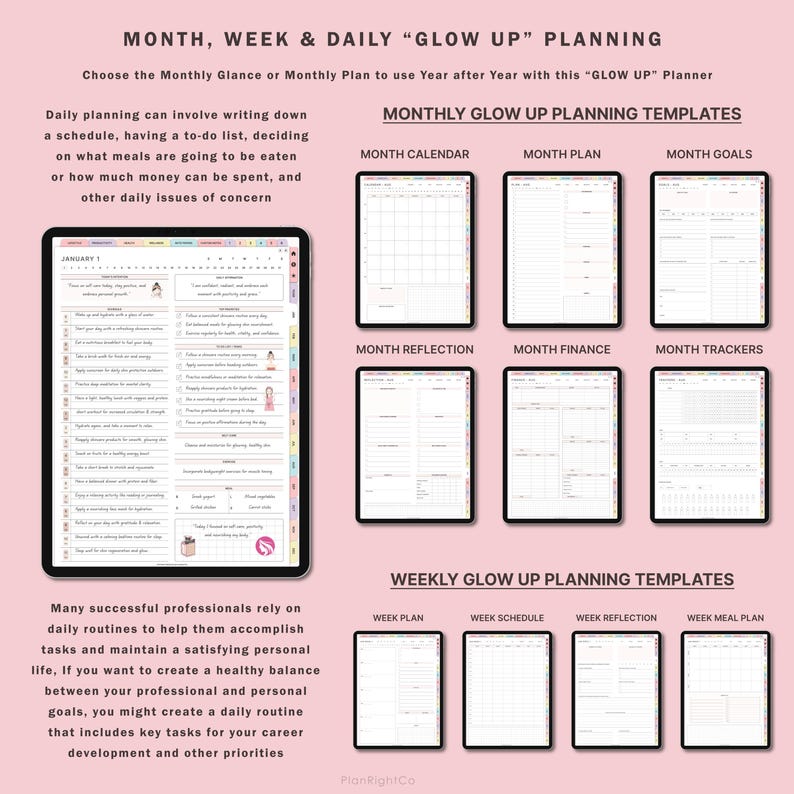 May include: A pink and white digital planner with the text "MONTH, WEEK & DAILY "GLOW UP" PLANNING" at the top. The planner includes templates for monthly and weekly planning, including calendar, goals, reflection, finance, trackers, plan, schedule, and meal plan.