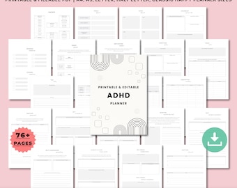 May include: ADHD Planner Bundle with printable and fillable PDF pages. Includes A4, A5, Letter, Half Letter, and Classic Happy Planner sizes. The cover features a black and white design with the text "ADHD Planner". The bundle includes 76+ pages.