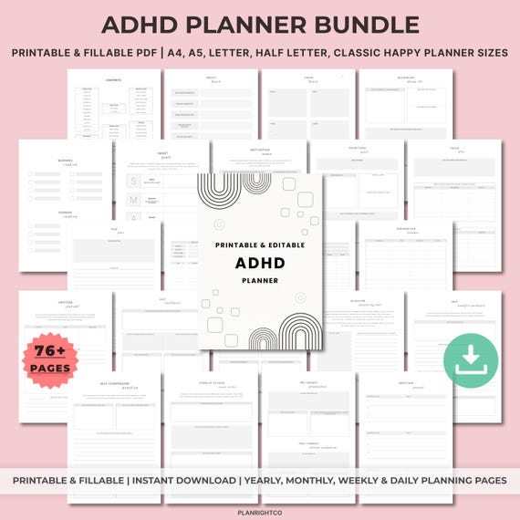 Printable ADHD Planner for Adults | Daily Weekly Monthly Inserts | Productivity, Routines, Self-Care & Home Management | A4 A5 Letter Bundle