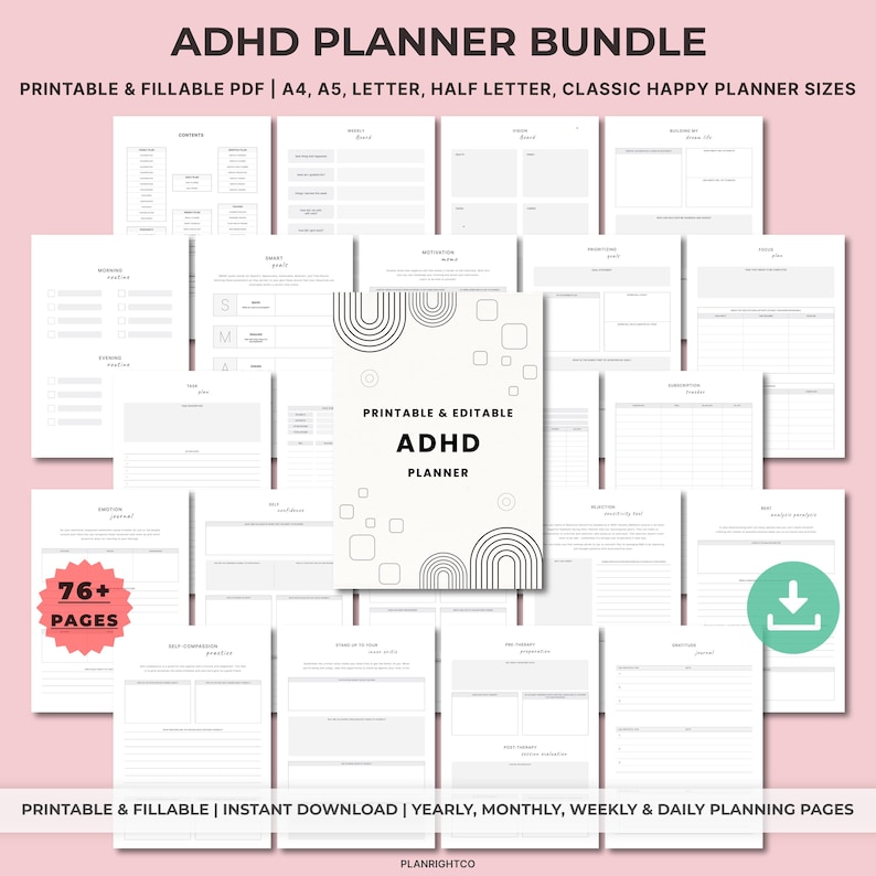 May include: ADHD Planner Bundle with printable and fillable PDF pages. Includes A4, A5, Letter, Half Letter, and Classic Happy Planner sizes. The cover features a black and white design with the text "ADHD Planner". The bundle includes 76+ pages.