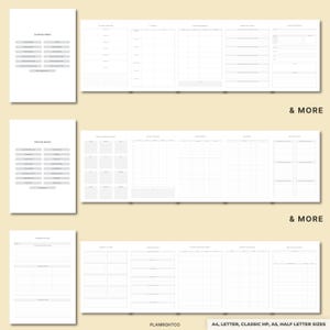 May include: A collection of printable planner pages in a minimalist style. The pages include sections for prayer menus, notes, and other planning elements. The text "& MORE" is visible, along with the text "PLANRIGHTCO" and the planner sizes: A4, Letter, Classic HP, A5, Half Letter Sizes.