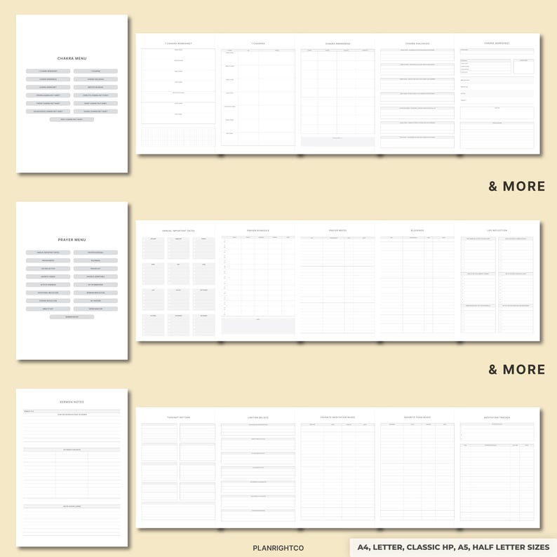May include: A collection of printable planner pages in a minimalist style. The pages include sections for prayer menus, notes, and other planning elements. The text "& MORE" is visible, along with the text "PLANRIGHTCO" and the planner sizes: A4, Letter, Classic HP, A5, Half Letter Sizes.