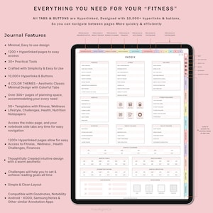 Op de afbeelding: Een digitale planner voor fitness, welzijn en gezondheid. De planner heeft een roze en witte kleurstelling met verschillende tabbladen, waaronder "Fitness", "Welzijn", "Voeding" en "Uitdagingen". De planner is ontworpen om gebruikers te helpen hun voortgang bij te houden, doelen te stellen en gemotiveerd te blijven.