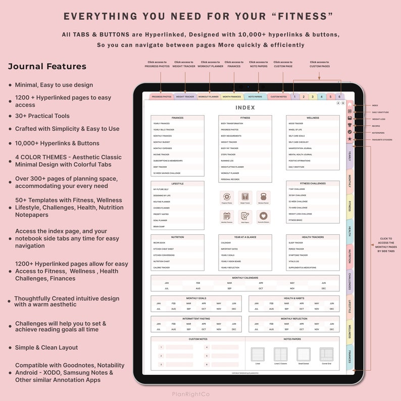Op de afbeelding: Een digitale planner voor fitness, welzijn en gezondheid. De planner heeft een roze en witte kleurstelling met verschillende tabbladen, waaronder "Fitness", "Welzijn", "Voeding" en "Uitdagingen". De planner is ontworpen om gebruikers te helpen hun voortgang bij te houden, doelen te stellen en gemotiveerd te blijven.