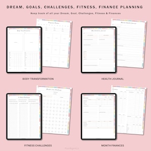 Op de afbeelding: Een digitale planner met kleurrijke randen en tabbladen. De planner bevat secties voor lichaamsverandering, fitnessuitdagingen, gezondheidsjournaal en maandelijkse financi&euml;n. De tekst "DREAM, GOALS, CHALLENGES, FITNESS, FINANCE PLANNING" staat bovenaan de afbeelding.