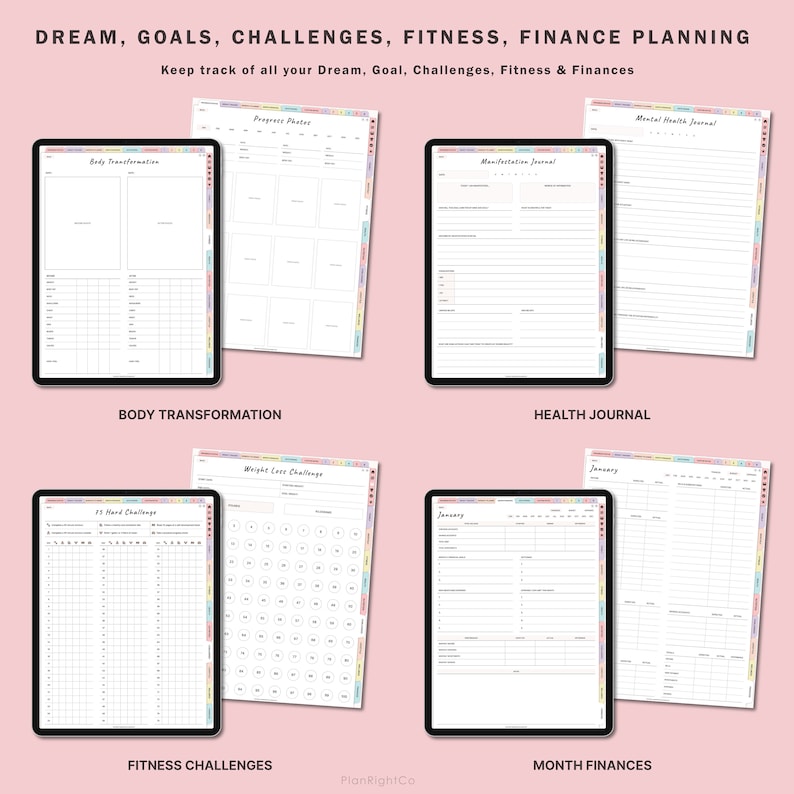 Op de afbeelding: Een digitale planner met kleurrijke randen en tabbladen. De planner bevat secties voor lichaamsverandering, fitnessuitdagingen, gezondheidsjournaal en maandelijkse financi&euml;n. De tekst "DREAM, GOALS, CHALLENGES, FITNESS, FINANCE PLANNING" staat bovenaan de afbeelding.