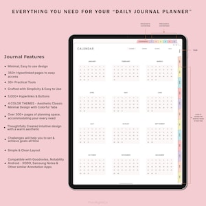 Op de afbeelding: Een digitale planner met een kalenderweergave voor het hele jaar. De kalender is verdeeld in 12 maanden, waarbij elke maand in een apart vak wordt weergegeven. De kalender is minimalistisch ontworpen en heeft kleurrijke tabbladen voor elke maand. De tekst "EVERYTHING YOU NEED FOR YOUR "DAILY JOURNAL PLANNER" staat bovenaan de afbeelding.