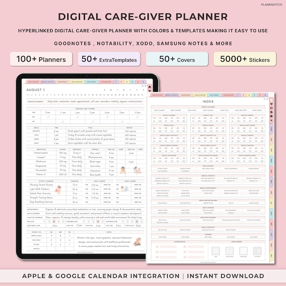 Digital Caregiver Planner, Home Health Care, Medical History, Vitals log, Elderly Caregiving, Caregiver Daily Log & Checklist, iPad Planner