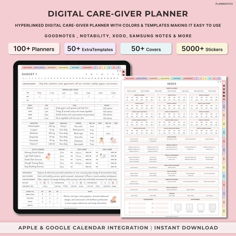 Puede incluir: Un planificador digital para cuidadores con un esquema de color rosa y blanco. El planificador incluye un registro diario, un rastreador de medicamentos, una tabla de actividades y un &iacute;ndice. El planificador es compatible con Goodnotes, Notability, Xodo, Samsung Notes y m&aacute;s. Tambi&eacute;n incluye m&aacute;s de 100 planificadores, m&aacute;s de 50 plantillas adicionales, m&aacute;s de 50 cubiertas y m&aacute;s de 5000 pegatinas. El planificador es compatible con Apple y Google Calendar.