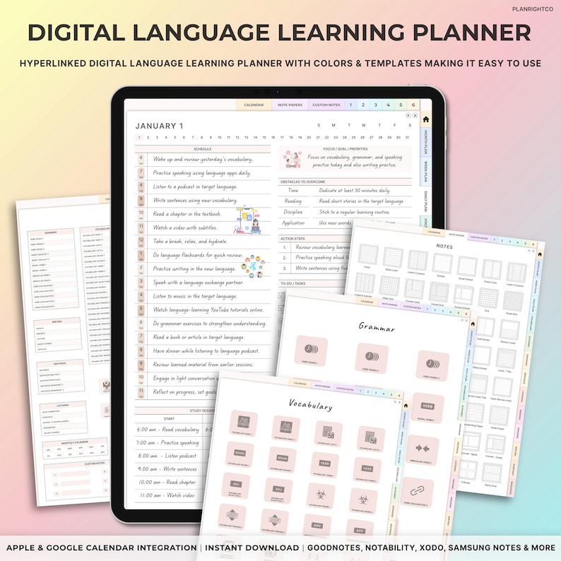 K&ouml;nnte beinhalten: Ein digitaler Sprachlernplaner in einem rosa-wei&szlig;en Farbschema. Der Planer enth&auml;lt einen Kalender, Notizpapier, benutzerdefinierte Notizen, einen Zeitplan, Priorit&auml;ten f&uuml;r Fokus/Ziele, zu &uuml;berwindende Hindernisse, Aktionsschritte, Aufgaben, Grammatik, Vokabeln und Notizbereiche. Der Planer soll Benutzern helfen, eine neue Sprache zu lernen.
