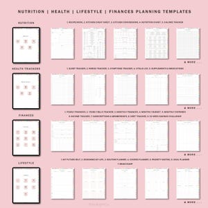 May include: A set of printable digital planner templates for nutrition, health, lifestyle, and finances. The templates are organised into four categories with a variety of options for each category. The templates are designed to help people track their progress and stay organised.