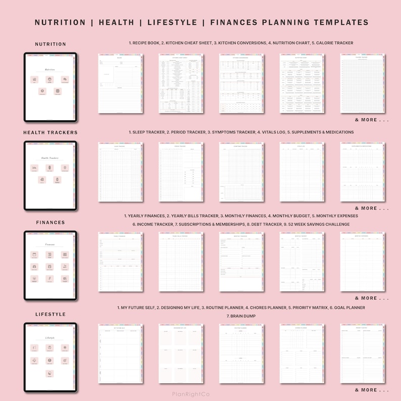 May include: A set of printable digital planner templates for nutrition, health, lifestyle, and finances. The templates are organised into four categories with a variety of options for each category. The templates are designed to help people track their progress and stay organised.