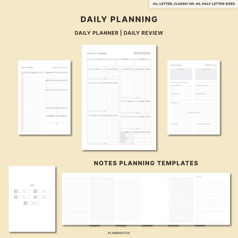 May include: A collection of white paper planner templates with grid and lined layouts. The text "DAILY PLANNING" and "DAILY PLANNER | DAILY REVIEW" are at the top. The templates include sections for daily planning, monthly budget, and notes. The sizes are A4, Letter, Classic HP, A5, and Half Letter.
