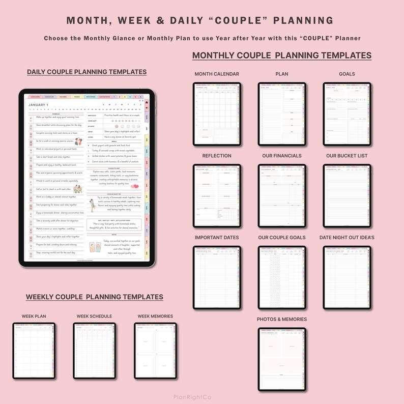 May include: A digital planner template for couples with a pink background. The template includes daily, weekly, and monthly planning pages. The pages are designed to help couples plan their time together, set goals, and track their progress.