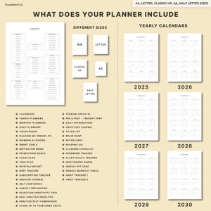 May include: A planner layout showing contents, different sizes, and yearly calendars from 2025 to 2030. Sizes include A4, Letter, Classic HP, A5, and Half Letter. The text reads "WHAT DOES YOUR PLANNER INCLUDE".