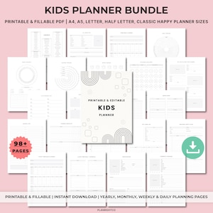 May include: A bundle of printable kids planners with various pages, including a cover page with the text "KIDS PLANNER" and a design of arches and squares. The bundle includes pages for yearly, monthly, weekly, and daily planning. The text "98+ PAGES" is also visible.