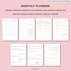 May include: A collection of printable monthly planning pages in various sizes, including A4, Letter, and Classic HP. The pages include sections for monthly overview, plan, goal, reflection, finance, budget, and tracker. The text "MONTHLY PLANNING" is at the top.