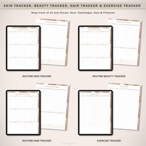 May include: Four digital planners displayed on a tablet screen, each with a different theme: Skin Tracker, Beauty Tracker, Hair Tracker, and Exercise Tracker. Each planner features a brown and white design with a grid layout.