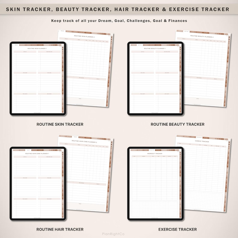 May include: Four digital planners displayed on a tablet screen, each with a different theme: Skin Tracker, Beauty Tracker, Hair Tracker, and Exercise Tracker. Each planner features a brown and white design with a grid layout.