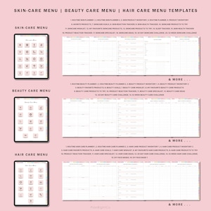 May include: Digital templates for skin care, beauty care, and hair care menus. The image shows three digital tablets with menu icons and detailed planning pages. Text includes "Skin-Care Menu," "Beauty Care Menu," and "Hair Care Menu Templates."