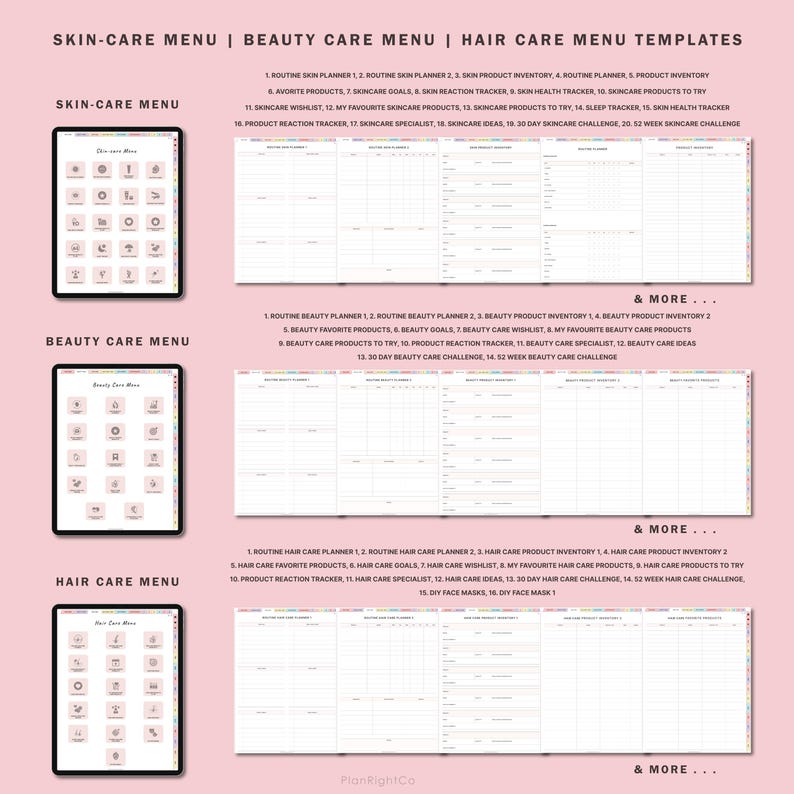 May include: Digital templates for skin care, beauty care, and hair care menus. The image shows three digital tablets with menu icons and detailed planning pages. Text includes "Skin-Care Menu," "Beauty Care Menu," and "Hair Care Menu Templates."