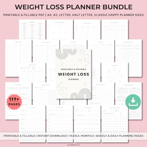 Könnte beinhalten: Ein Weight Loss Planner Bundle mit druckbaren und ausfüllbaren PDF-Seiten. Das Cover zeigt den Text "Weight Loss Planner" mit einem minimalistischen Design. Enthält über 117 Seiten für die Planung.