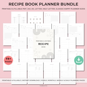 Könnte beinhalten: Ein Rezeptbuch-Planer-Bundle mit druckbaren und ausfüllbaren PDF-Seiten. Das Cover des Rezeptbuchs ist weiß mit schwarzen geometrischen Designs und den Worten "Recipe Book". Enthält über 79 Seiten für die Jahres-, Monats-, Wochen- und Tagesplanung.