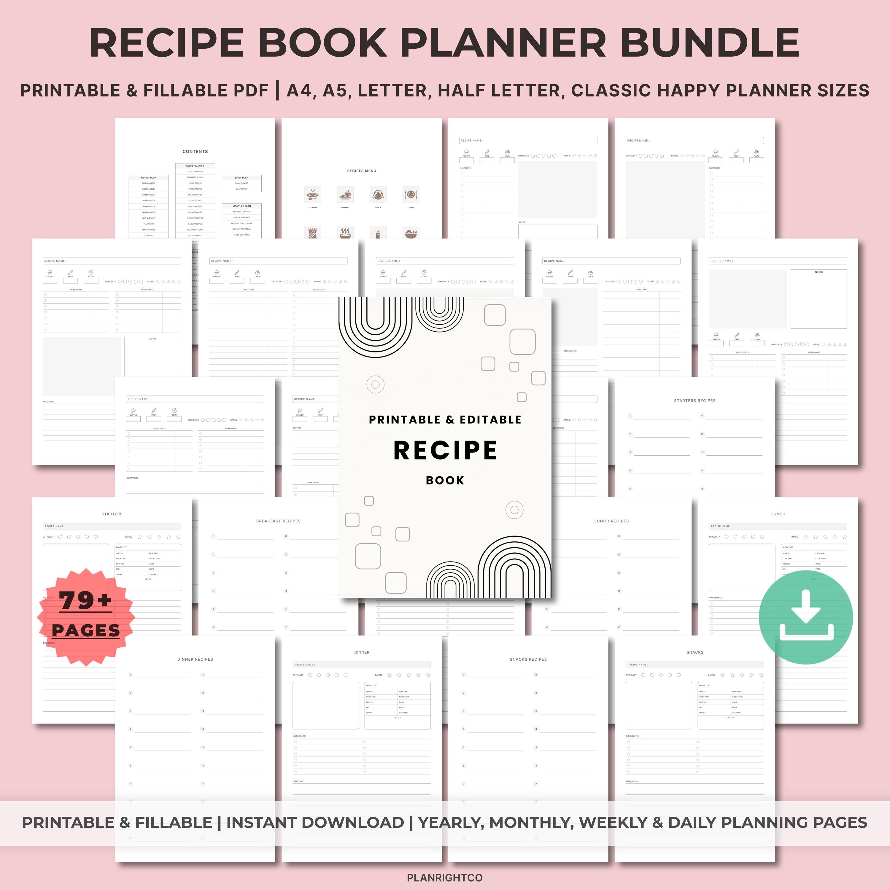 Printable Recipe Book & Recipe Binder, Blank Recipe Pages, Cookbook ...