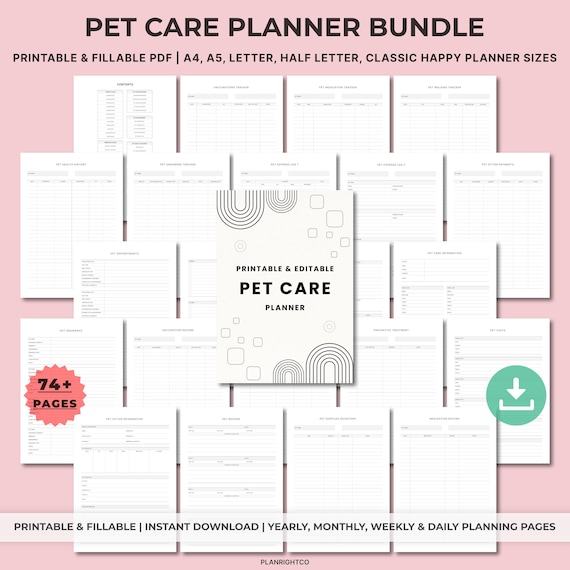 Printable Pet Care Planner Binder, Pet Health Record, Puppy Organizer, Pet Checklists, Dog & Cat Care Log, Vet Tracker, Pet Sitter Notes