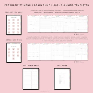 May include: A pink background with four digital tablet screens displaying different productivity menus. The menus include productivity, brain dump, goal main, and goal. Each menu has a list of items with icons. The text on the screens includes "Productivity Menu", "Brain Dump Menu", "Goal Main Menu", and "Goal Menu".