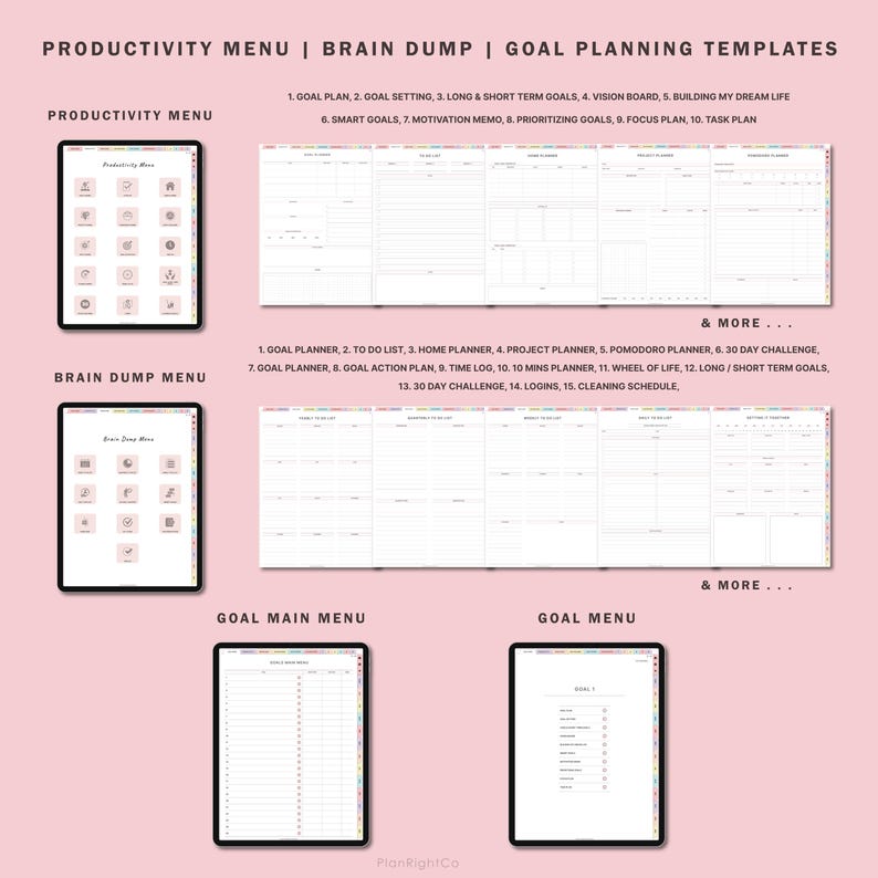 May include: A pink background with four digital tablet screens displaying different productivity menus. The menus include productivity, brain dump, goal main, and goal. Each menu has a list of items with icons. The text on the screens includes "Productivity Menu", "Brain Dump Menu", "Goal Main Menu", and "Goal Menu".