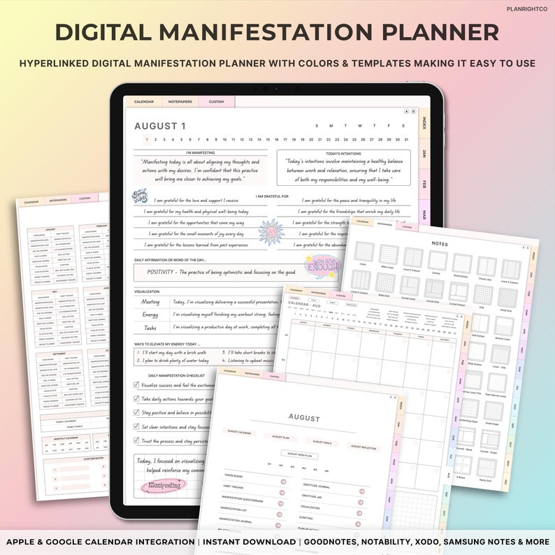 Op de afbeelding: Een digitale planner met een roze en blauwe kleurstelling. De planner is ontworpen voor manifestatie en bevat secties voor een kalender, notitiepapier en aangepaste secties. De planner heeft een tabblad voor 1 augustus met een dagelijkse bevestiging, visualisatie, vergadering, energie, taken en manieren om energie te cultiveren vandaag. De planner heeft ook een tabblad voor augustus met een kalenderrooster en een sectie voor de dagelijkse manifestatie-checklist. De planner is ontworpen voor gebruik met digitale notitie-apps zoals Goodnotes, Notability, Xodo en Samsung Notes.