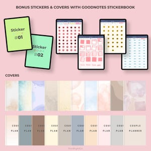 May include: Two Goodnotes sticker books with covers in green and blue. The sticker books contain various stickers, including icons, numbers, and blank boxes. The image also shows a selection of 10 digital planner covers in various colours and designs.