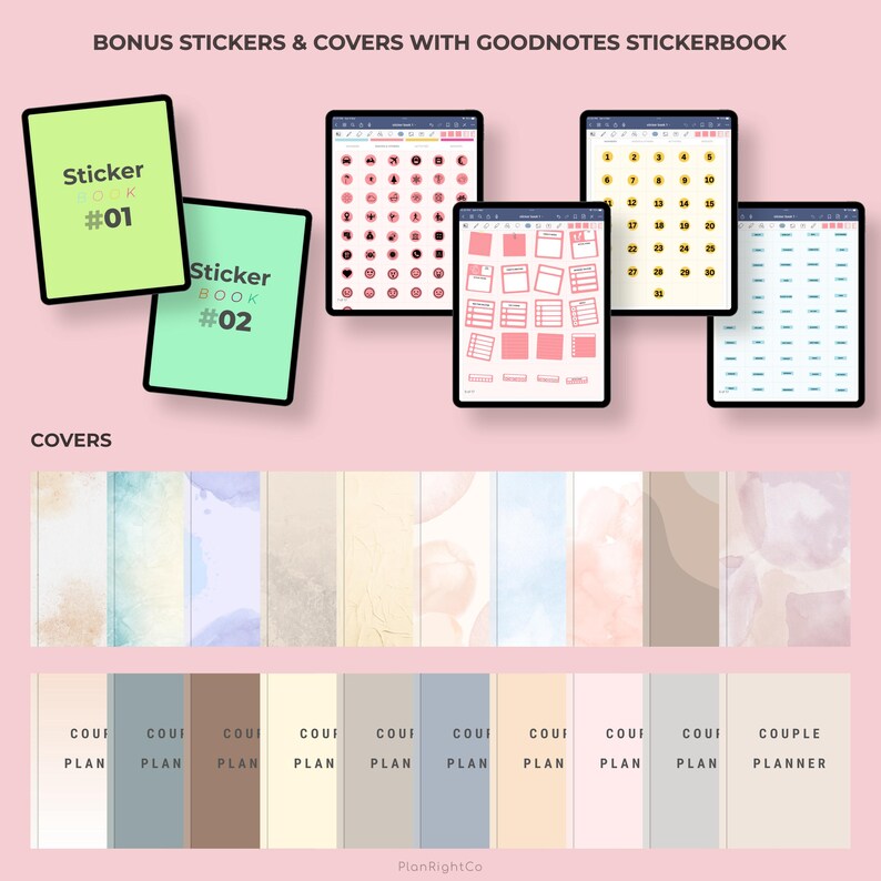 May include: Two Goodnotes sticker books with covers in green and blue. The sticker books contain various stickers, including icons, numbers, and blank boxes. The image also shows a selection of 10 digital planner covers in various colours and designs.