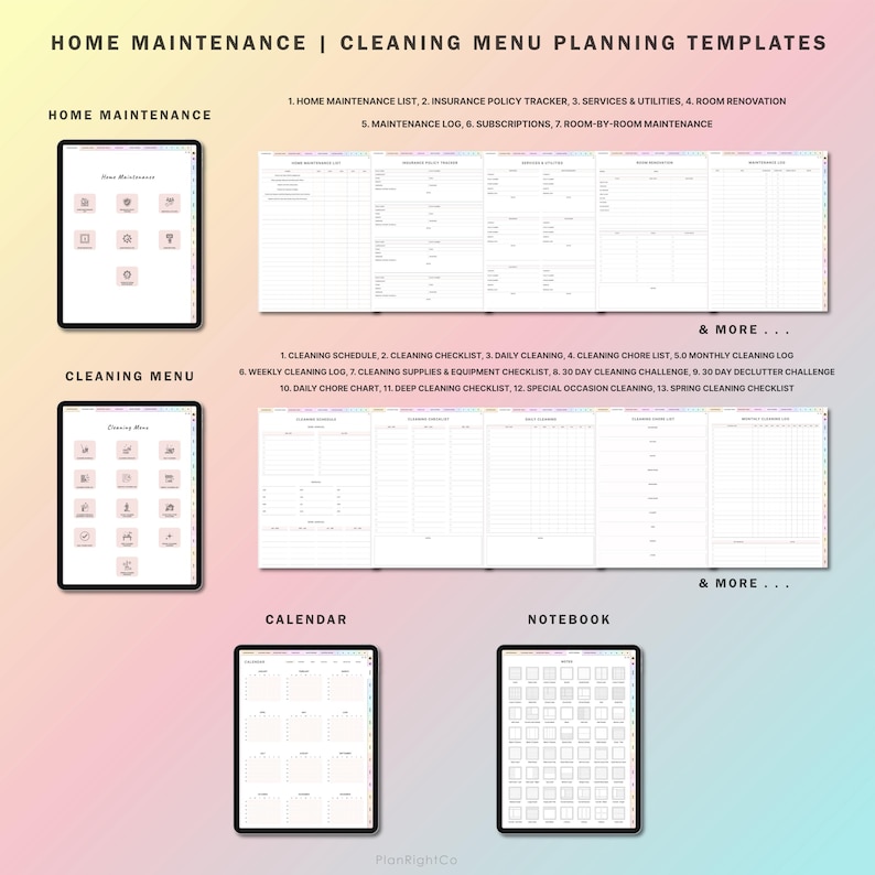 May include: A digital planner template for home maintenance and cleaning. The template includes sections for home maintenance lists, insurance policy trackers, cleaning schedules, checklists, and more. The template is designed to help users organize and manage their home maintenance and cleaning tasks.