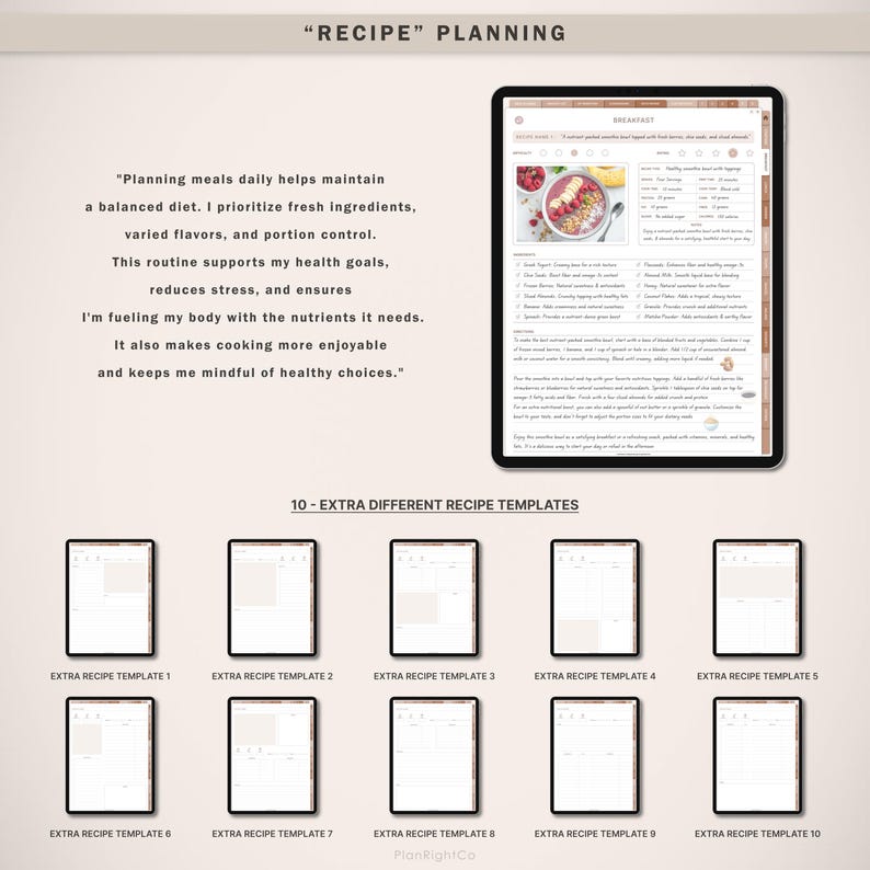 Op de afbeelding: Een digitale sjabloon voor receptplanning weergegeven op een tablet, met een lichtbeige achtergrond. Het scherm toont een ontbijtrecept met ingredi&euml;nten. Tien extra receptsjablonen worden hieronder weergegeven. De tekst bovenaan luidt "RECIPE PLANNING".