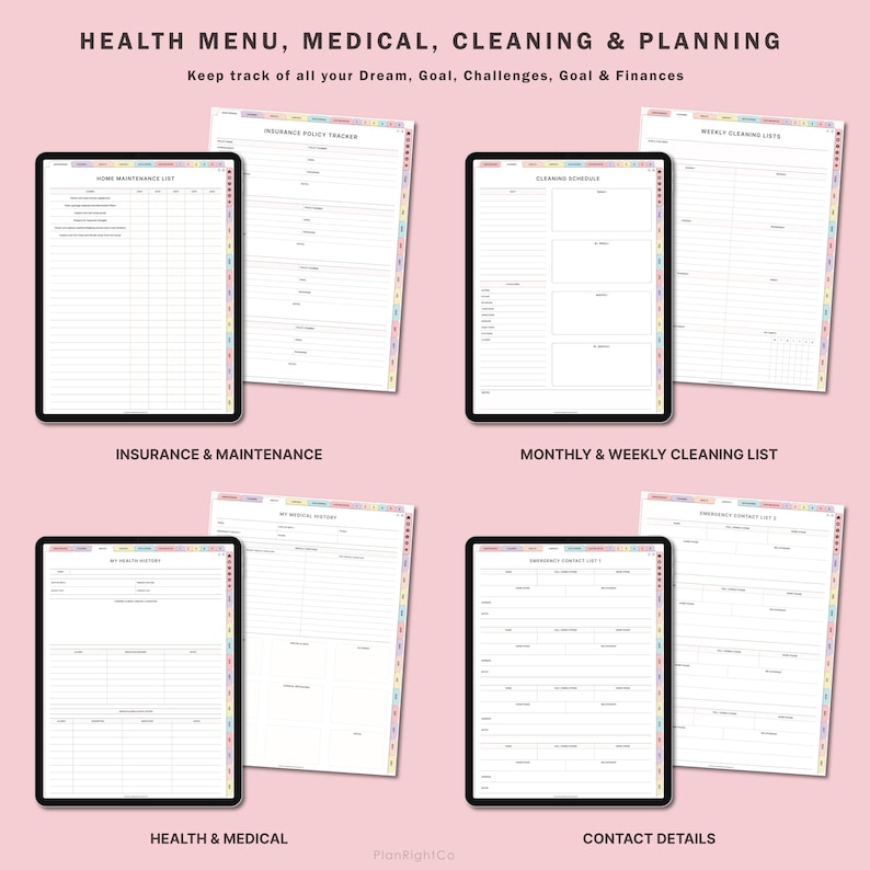 May include: A set of printable digital planner pages for organizing health, medical, cleaning, and finances. The pages include sections for home maintenance, insurance policy tracker, cleaning schedule, weekly cleaning lists, medical history, emergency contact list, and weekly contact list.