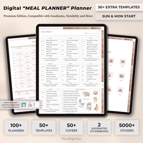 Digital Meal Planner, Meal Plan Template, GoodNotes, iPad planner, Kitchen Inventory, Grocery List, Meal Prep, iPad Goodnotes Planner, Food