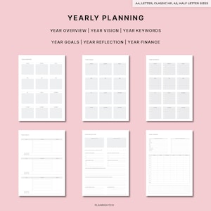 Op de afbeelding: Een verzameling jaarlijkse planning templates in verschillende formaten, waaronder A4, Letter en Classic HP. De templates bevatten secties voor jaaroverzicht, visie, zoekwoorden, doelen, reflectie en financi&euml;n. De tekst "YEARLY PLANNING" staat bovenaan.