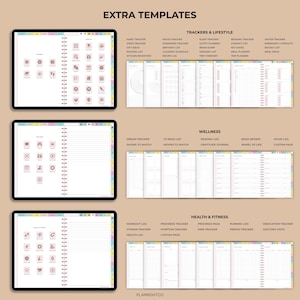 Op de afbeelding: Digitale plantemplates weergegeven op tablets. De templates bevatten trackers voor lifestyle, wellness en gezondheid & fitness. De tekst op de afbeelding luidt "EXTRA TEMPLATES" en "PLANRIGHTCO". De templates zijn in een roze en wit kleurenschema.