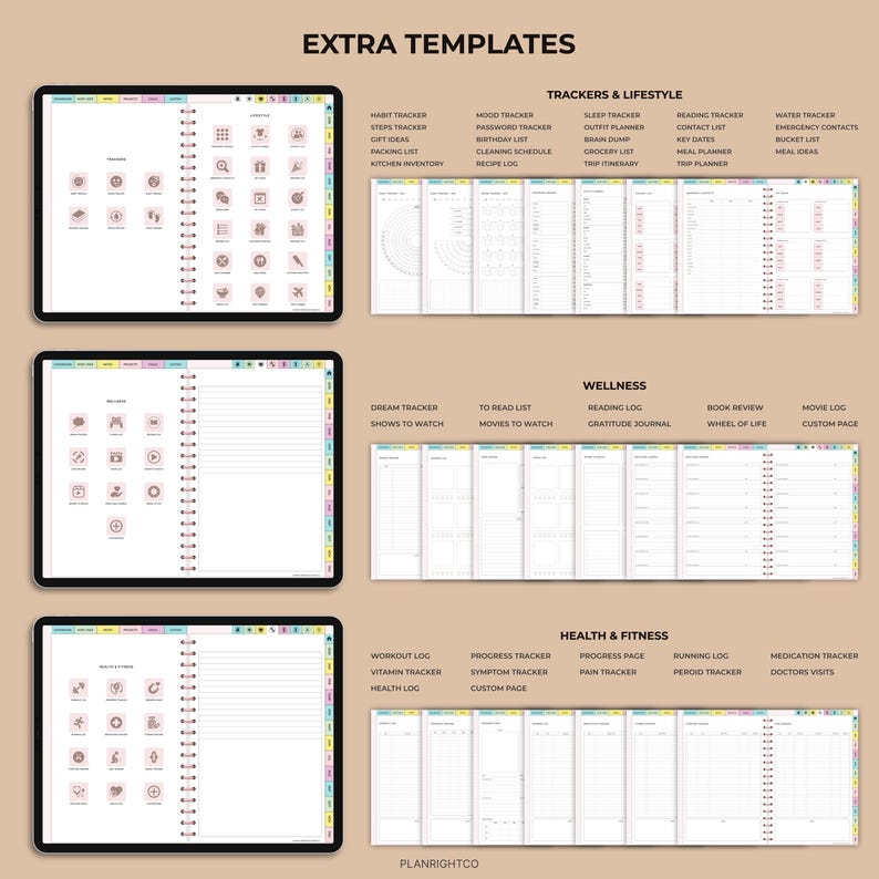 Op de afbeelding: Digitale plantemplates weergegeven op tablets. De templates bevatten trackers voor lifestyle, wellness en gezondheid & fitness. De tekst op de afbeelding luidt "EXTRA TEMPLATES" en "PLANRIGHTCO". De templates zijn in een roze en wit kleurenschema.