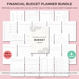 Puede incluir: Un paquete de planificador de presupuesto financiero con páginas PDF imprimibles y rellenables. La portada presenta el texto "Printable & Editable Budget Planner" con un diseño minimalista. Incluye más de 94 páginas para planificación anual, mensual, semanal y diaria.