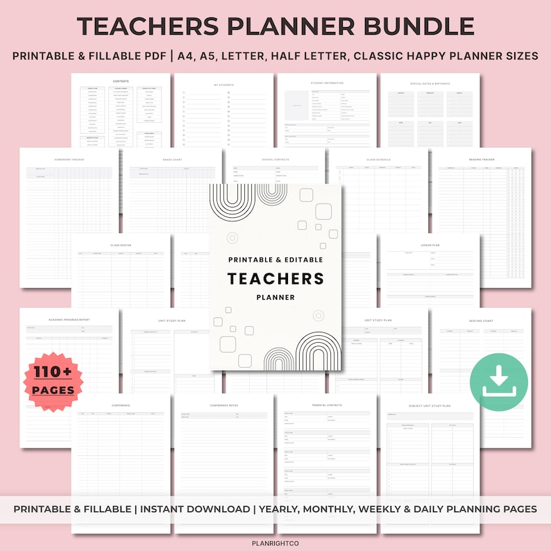 Op de afbeelding: Een Teachers Planner Bundle met afdrukbare en invulbare PDF-pagina's. De omslag toont de tekst "Teachers Planner" met een minimalistisch ontwerp. Bevat meer dan 110 pagina's voor jaarlijkse, maandelijkse, wekelijkse en dagelijkse planning.