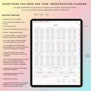 Op de afbeelding: Een digitale planner voor manifestatie met een roze, blauwe en gele kleurschema. De planner bevat een kalender, notitieblok en aangepaste secties. De planner is ontworpen met meer dan 10.000 hyperlinks en knoppen voor eenvoudige navigatie. De tekst "EVERYTHING YOU NEED FOR YOUR "MANIFESTATION PLANNER" staat bovenaan de afbeelding.