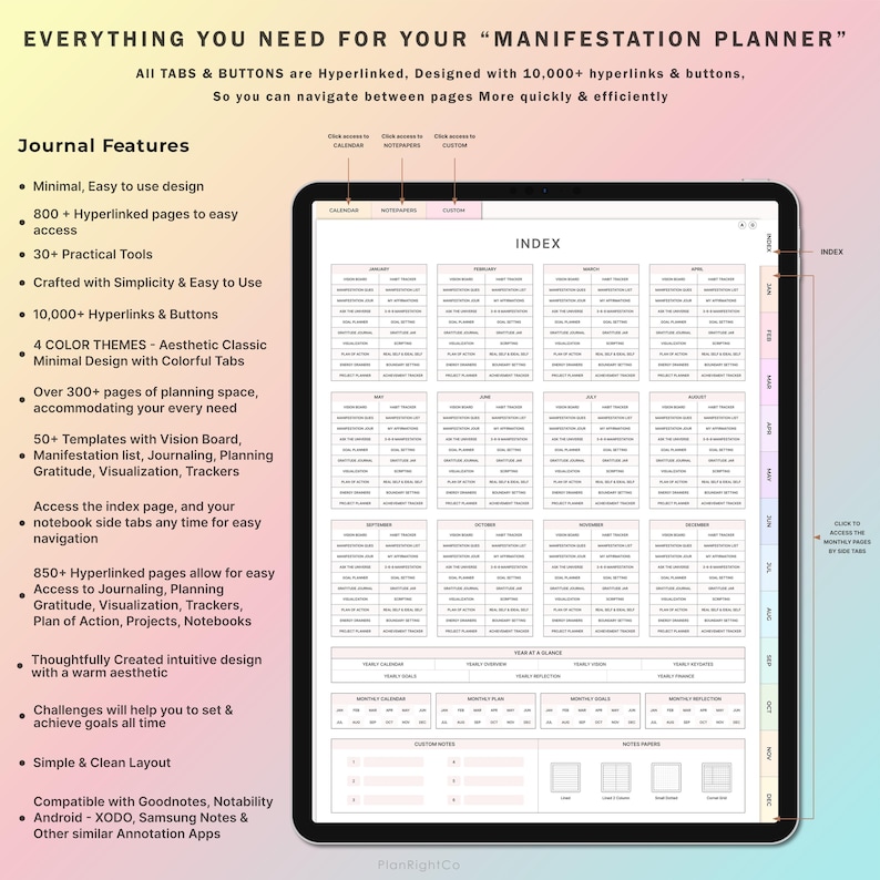 Op de afbeelding: Een digitale planner voor manifestatie met een roze, blauwe en gele kleurschema. De planner bevat een kalender, notitieblok en aangepaste secties. De planner is ontworpen met meer dan 10.000 hyperlinks en knoppen voor eenvoudige navigatie. De tekst "EVERYTHING YOU NEED FOR YOUR "MANIFESTATION PLANNER" staat bovenaan de afbeelding.