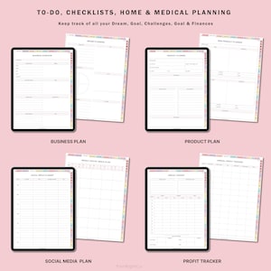 May include: A set of printable digital planner pages for business, social media, and product planning. The pages are designed with a colorful border and include sections for business overview, brand planning, product planner, weekly social media plan, annual finances, and annual profit tracker.