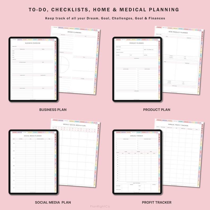 May include: A set of printable digital planner pages for business, social media, and product planning. The pages are designed with a colorful border and include sections for business overview, brand planning, product planner, weekly social media plan, annual finances, and annual profit tracker.